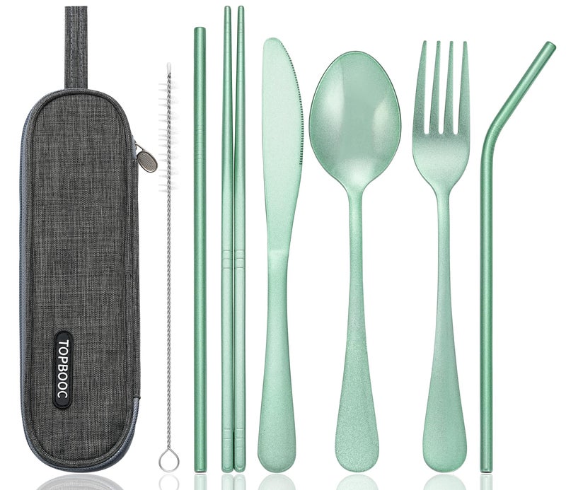 Topbooc Portable Stainless Steel Flatware Set, Travel Camping Cutlery Set, Portable Utensil Travel Silverware Dinnerware Set with a Waterproof Case (Green) - Image 1